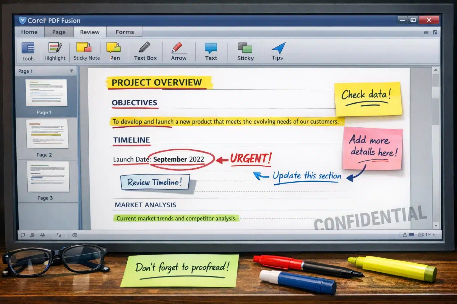 Escena de marcado y edición en Corel PDF Fusion con resaltado, comentarios y marca de agua