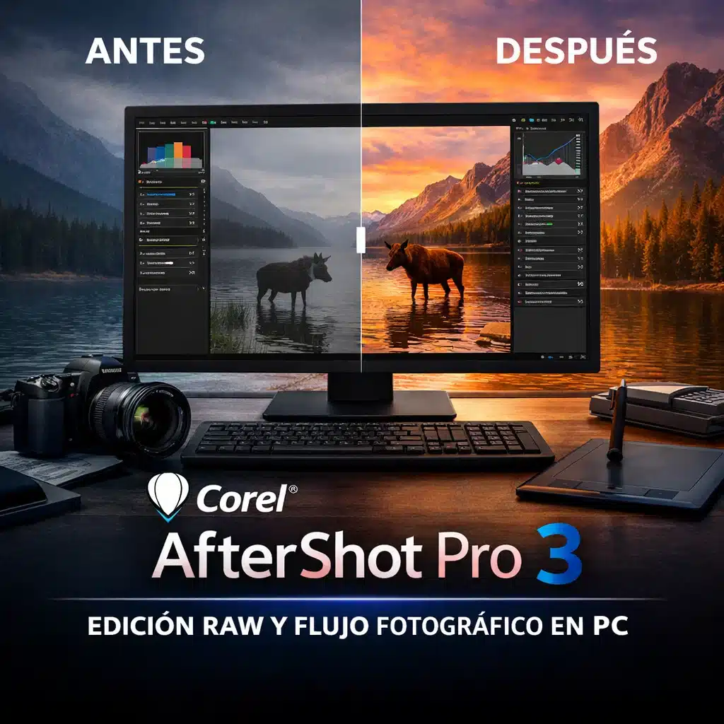 Portada promocional de Corel AfterShot Pro 3 para edición RAW y flujo fotográfico en PC