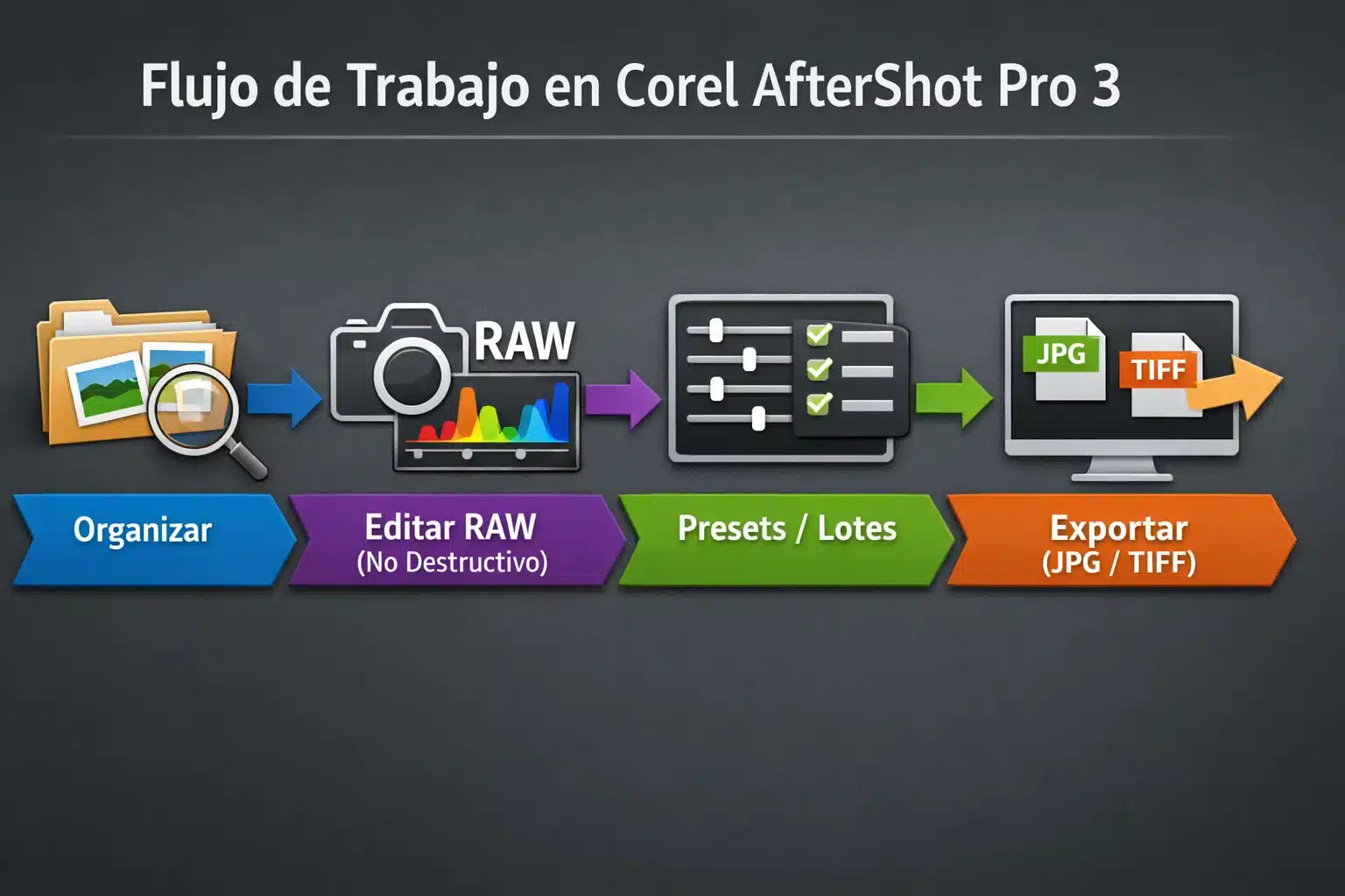 Pantalla de edición RAW en Corel AfterShot Pro 3 con controles de color, curvas y detalle