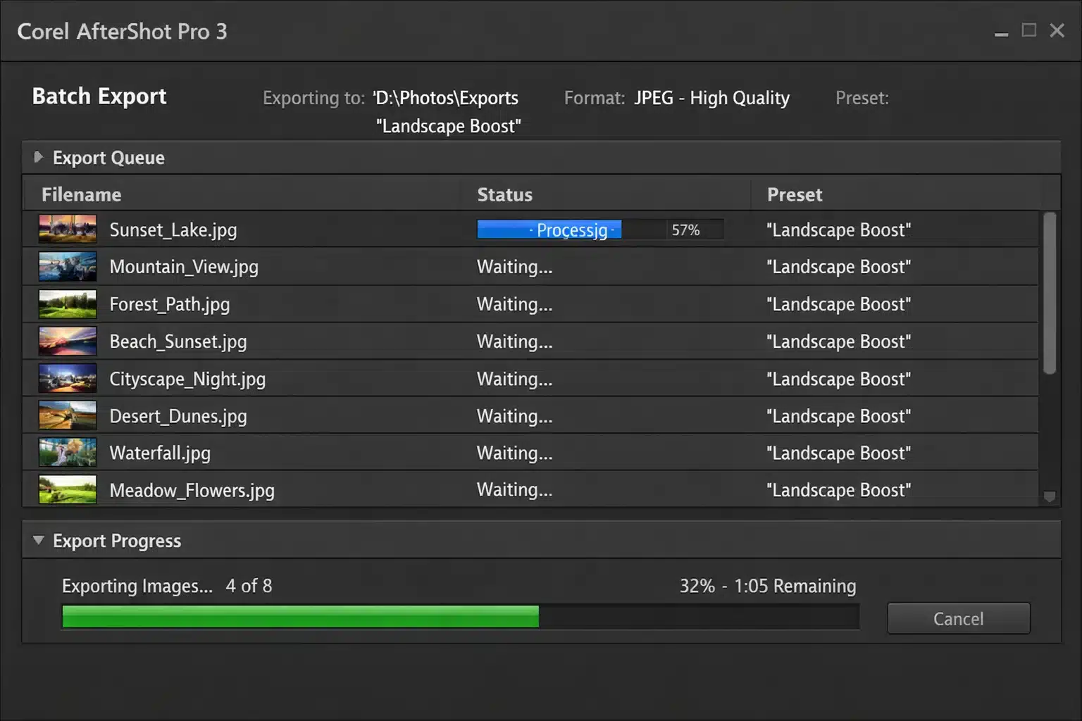 Infografía de Corel AfterShot Pro 3 con flujo: organizar, editar RAW, presets por lote y exportar