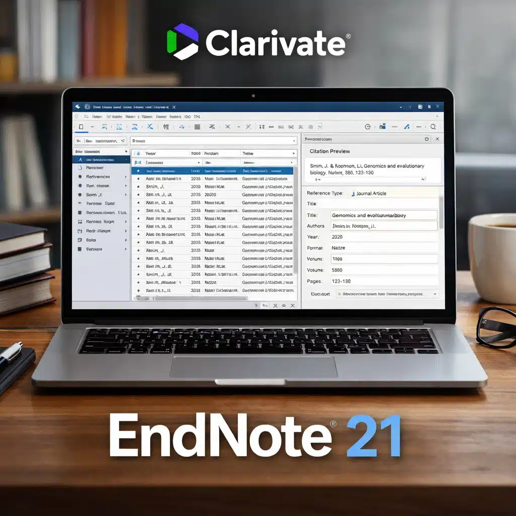 Clarivate EndNote 21 en una notebook con biblioteca de referencias y panel de citas