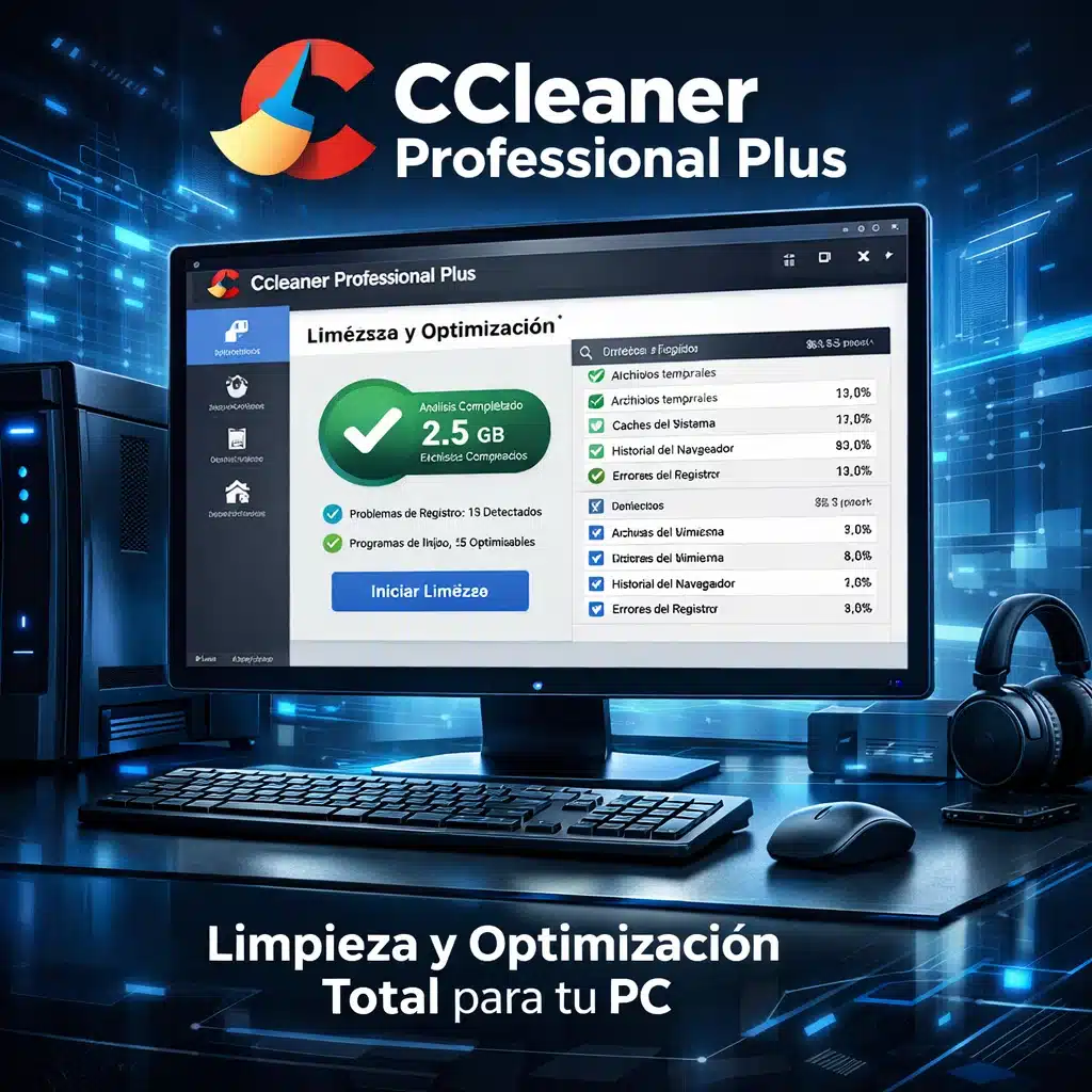 CCleaner Professional Plus en una PC mostrando panel de limpieza y optimización