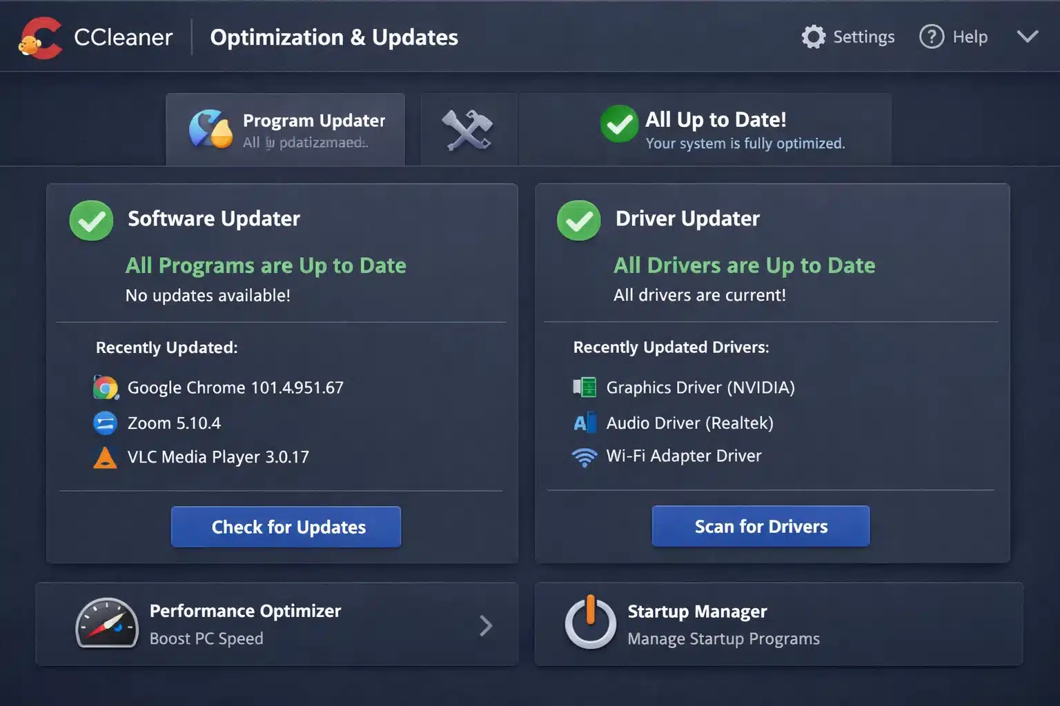 Panel de CCleaner con opciones de optimización y actualización de software
