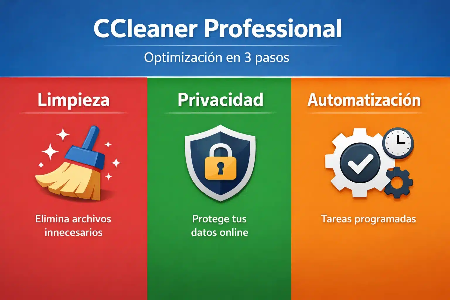 Infografía de CCleaner Professional con limpieza, privacidad y automatización en 3 pasos