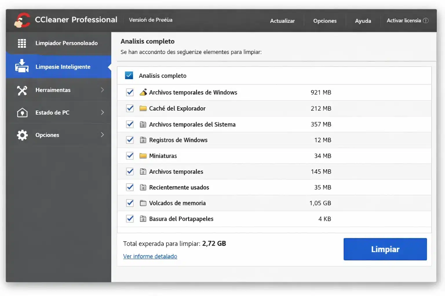 Pantalla de CCleaner Professional mostrando análisis y elementos a limpiar en Windows