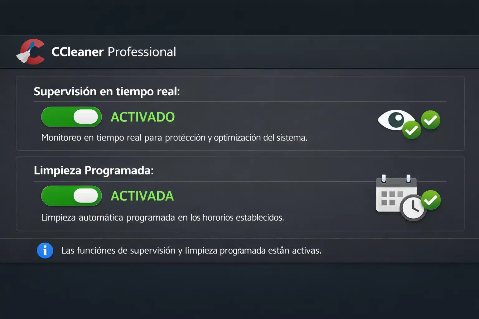 Panel de CCleaner Professional con supervisión en tiempo real y limpieza programada activadas
