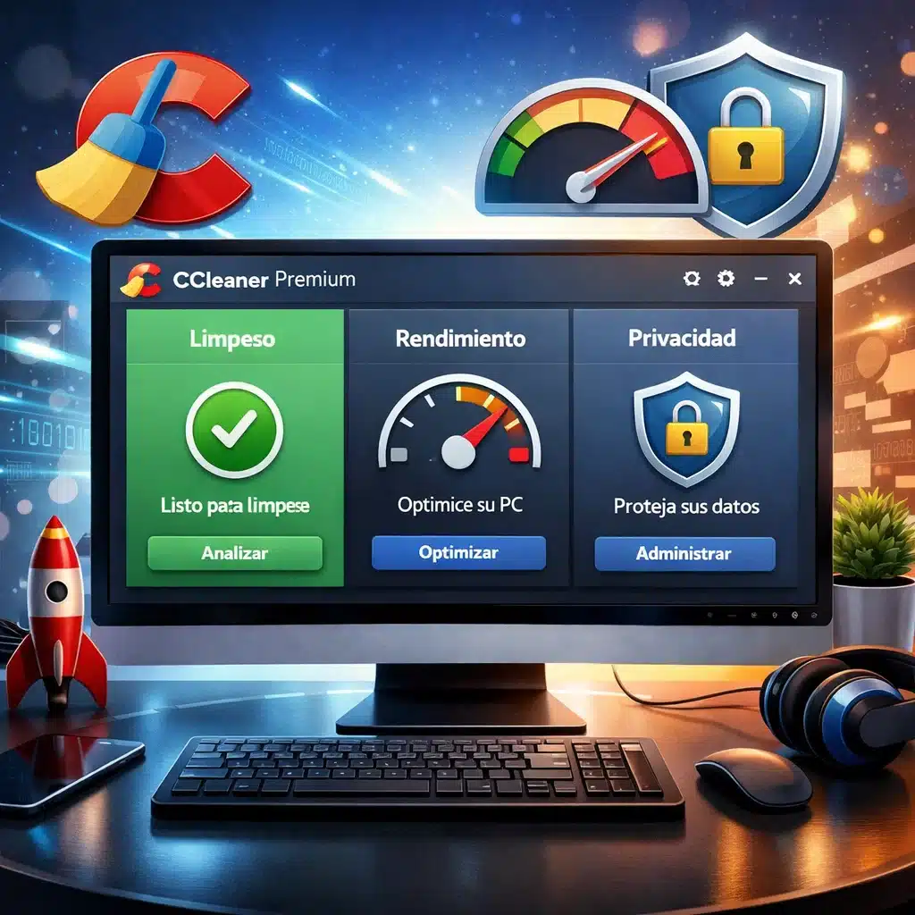 CCleaner Premium en una PC mostrando panel de limpieza, rendimiento y privacidad