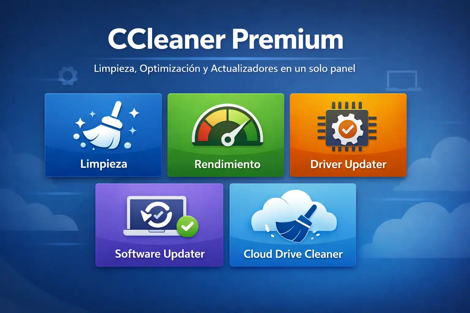 Infografía de CCleaner Premium con limpieza, optimización y actualizadores en un solo panel