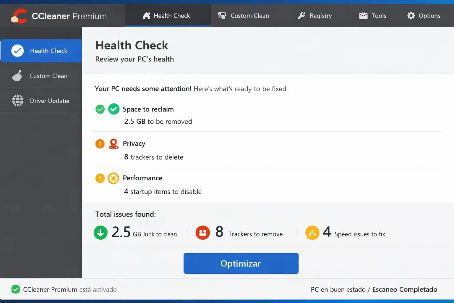 Pantalla de CCleaner Premium mostrando Health Check y resultados de limpieza en Windows