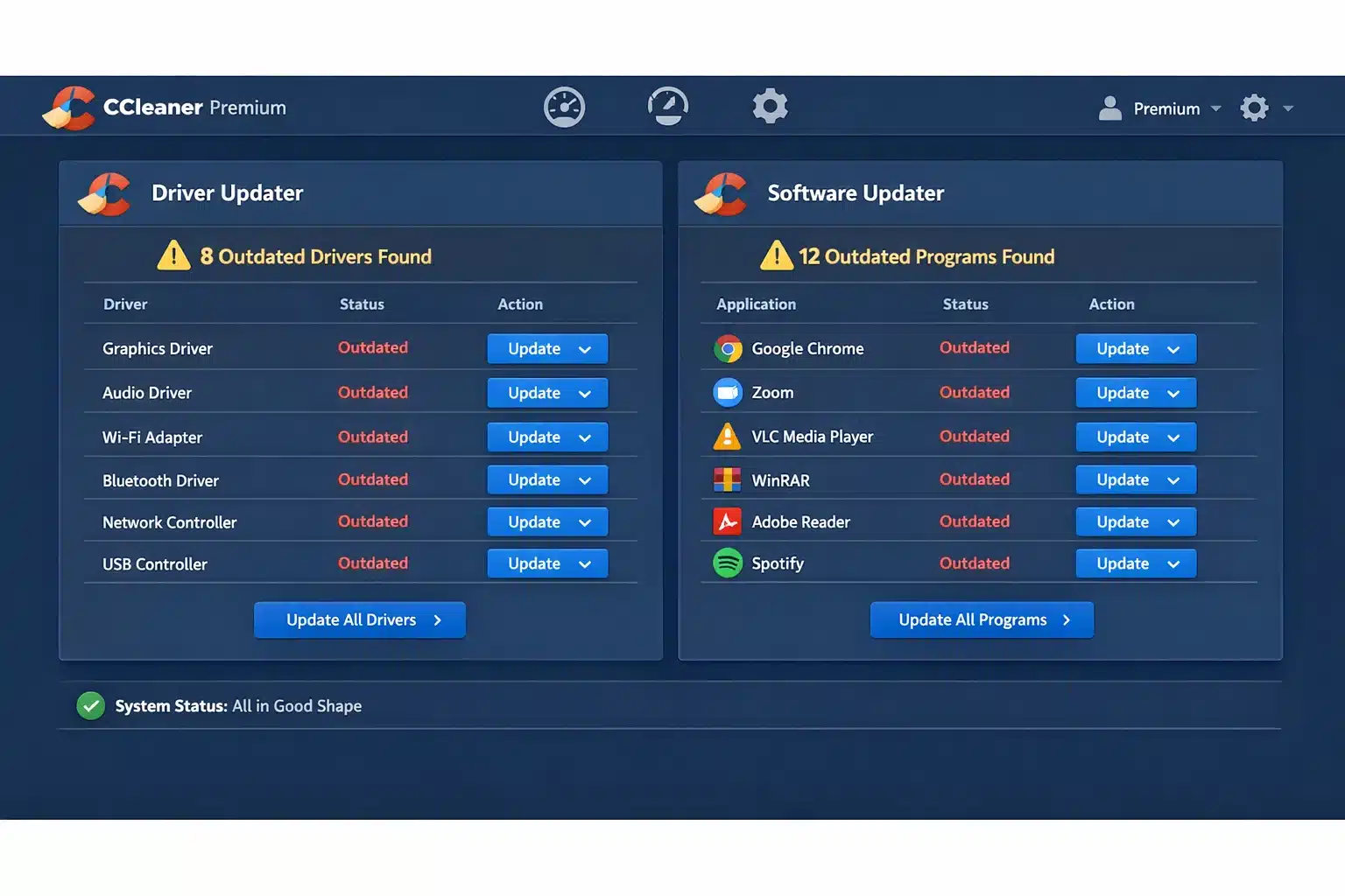 Panel de CCleaner Premium con Driver Updater y Software Updater mostrando elementos para actualizar