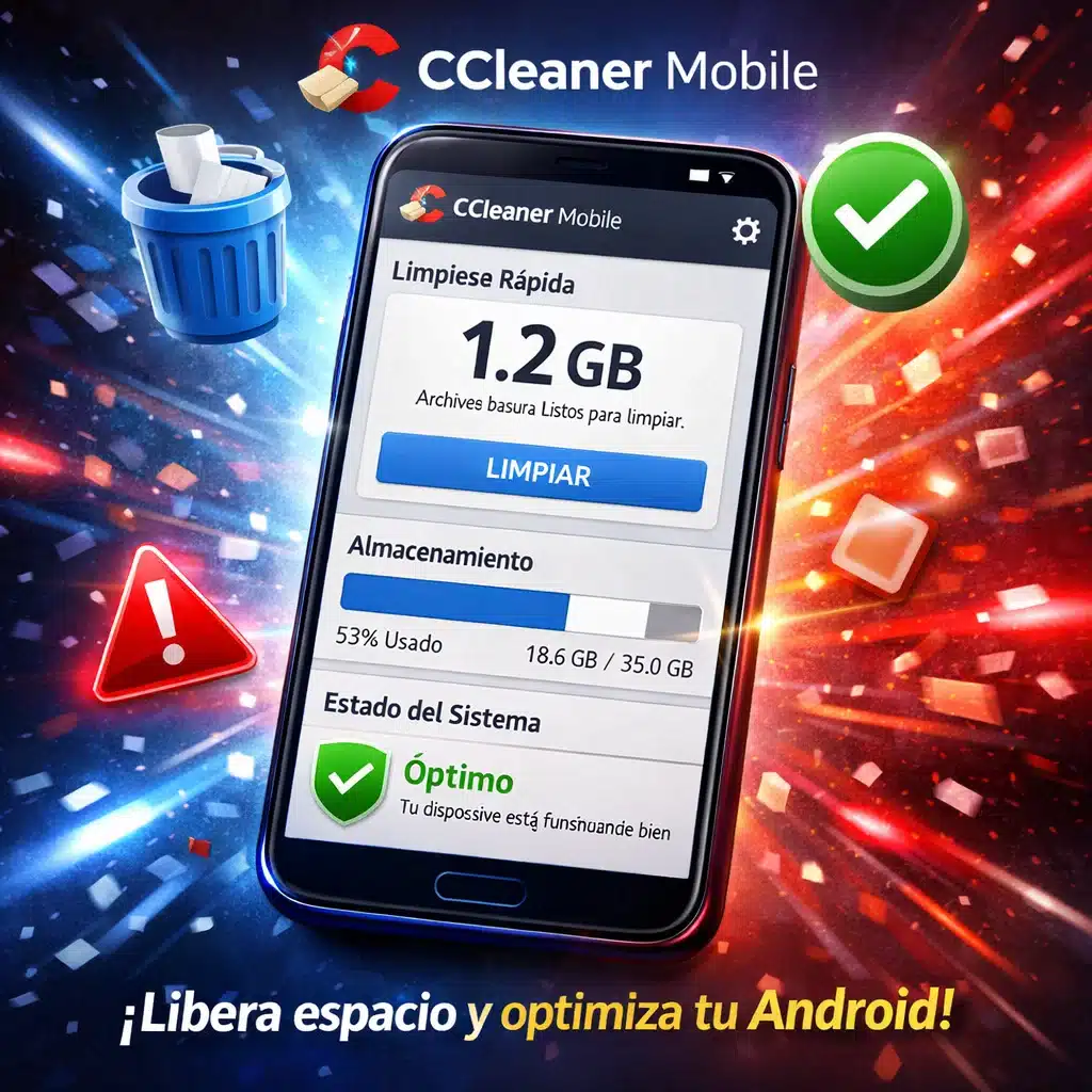 CCleaner Mobile en un smartphone mostrando limpieza de almacenamiento y estado del sistema