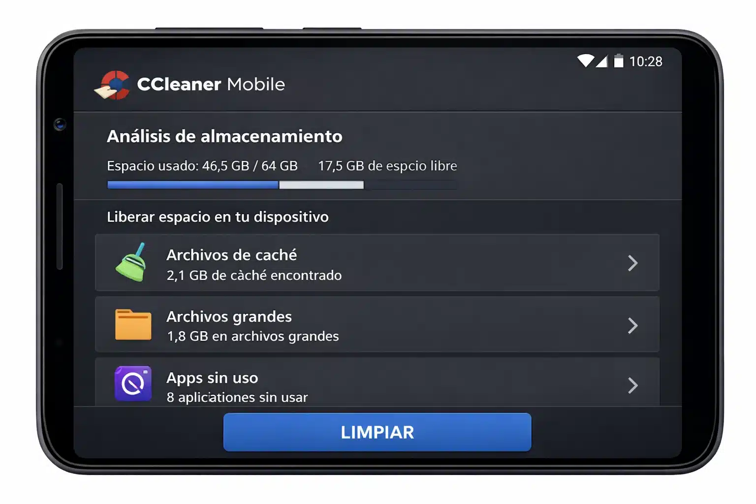 Pantalla de CCleaner Mobile mostrando análisis de almacenamiento y sugerencias para liberar espacio