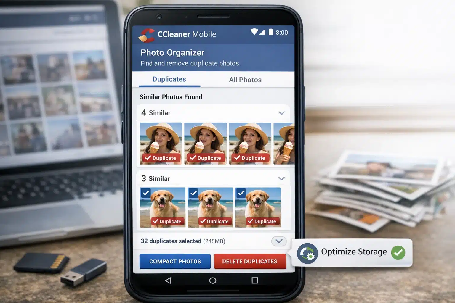 CCleaner Mobile organizando fotos con detección de duplicados o similares y opción de optimizar