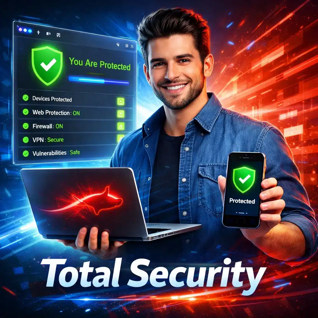 Bitdefender Total Security protegiendo 5 dispositivos con panel de seguridad y estado de protección