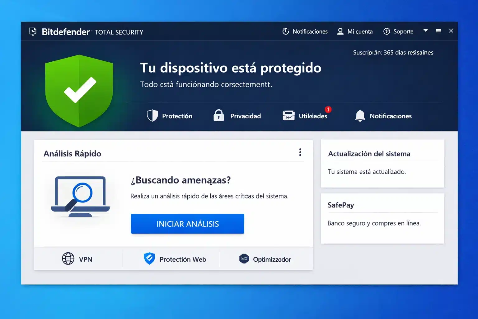 Panel de Bitdefender Total Security en Windows mostrando estado de protección y análisis rápido