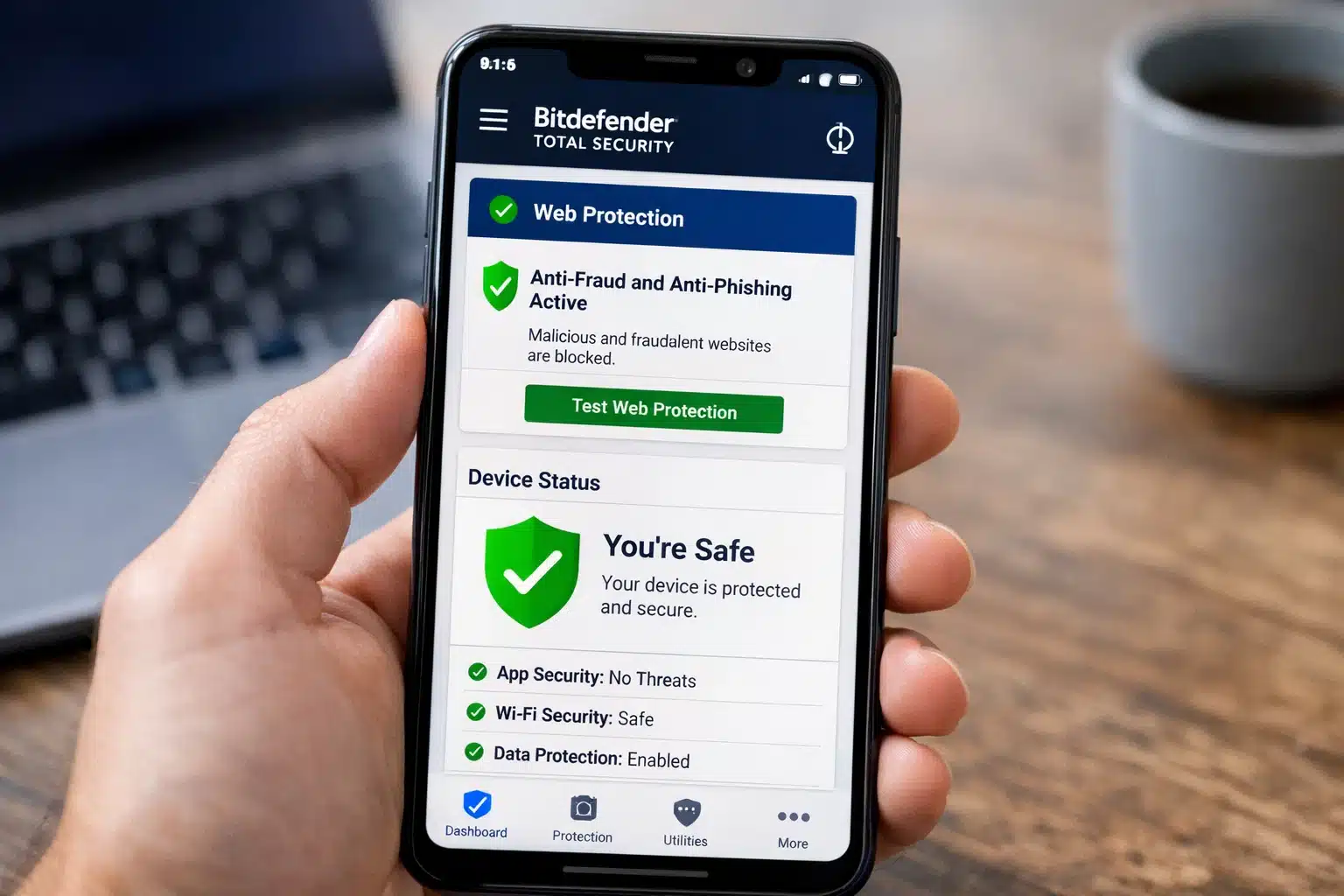 Bitdefender Total Security en móvil mostrando protección web y estado de seguridad del dispositivo