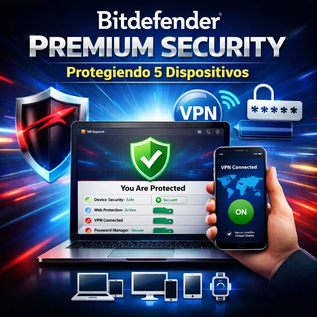 Bitdefender Premium Security protegiendo 5 dispositivos con panel de seguridad, VPN y Password Manager