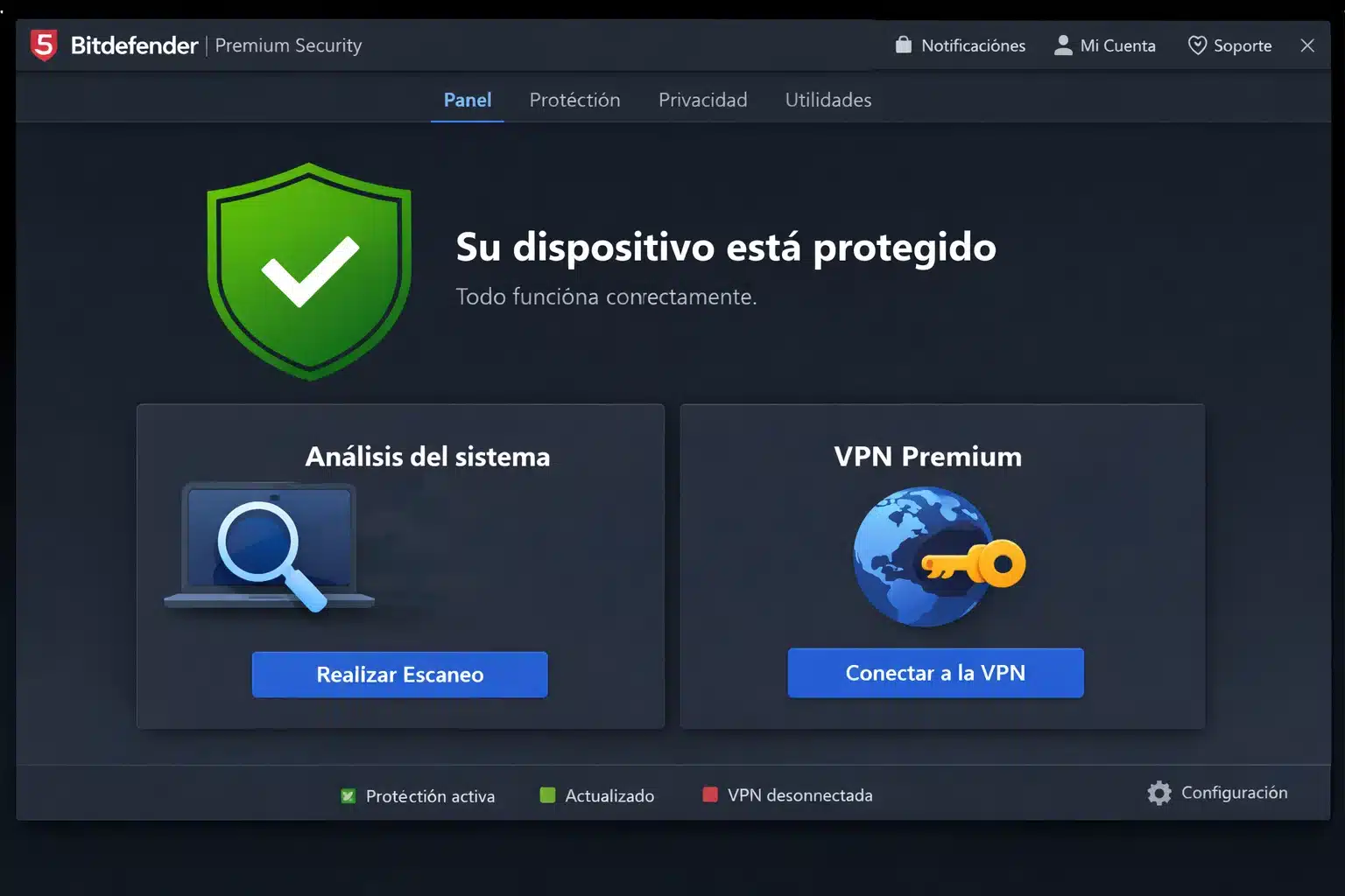 Panel de Bitdefender Premium Security en PC mostrando estado protegido y accesos a VPN