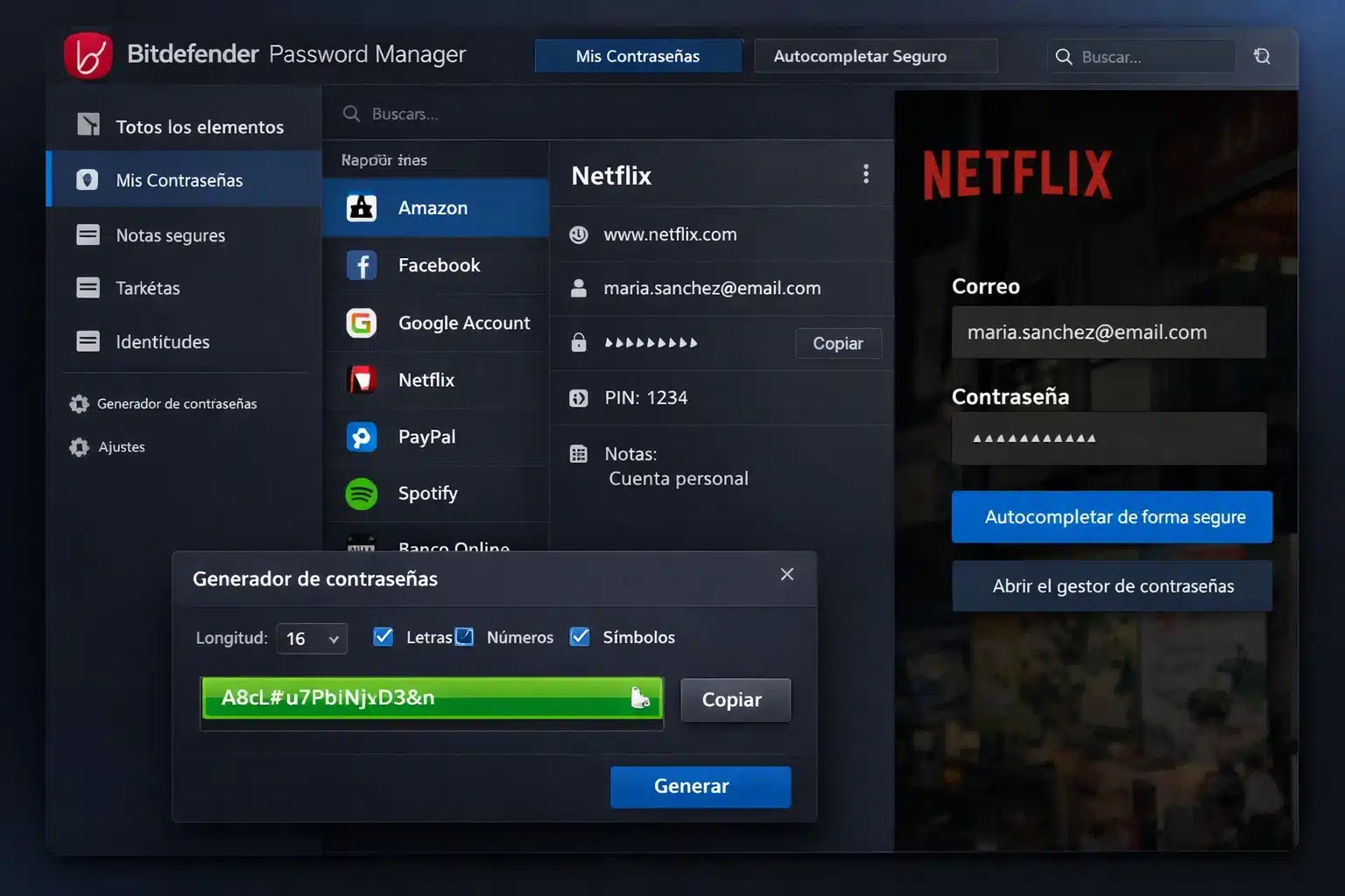 Bitdefender Password Manager mostrando bóveda de contraseñas y autocompletar seguro