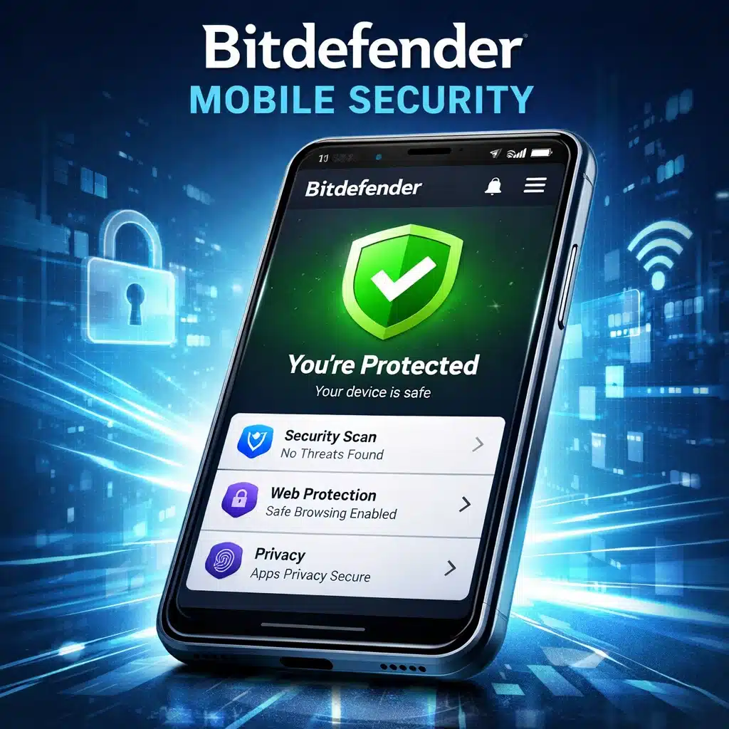 Bitdefender Mobile Security en smartphone con panel de protección y estado de seguridad activo