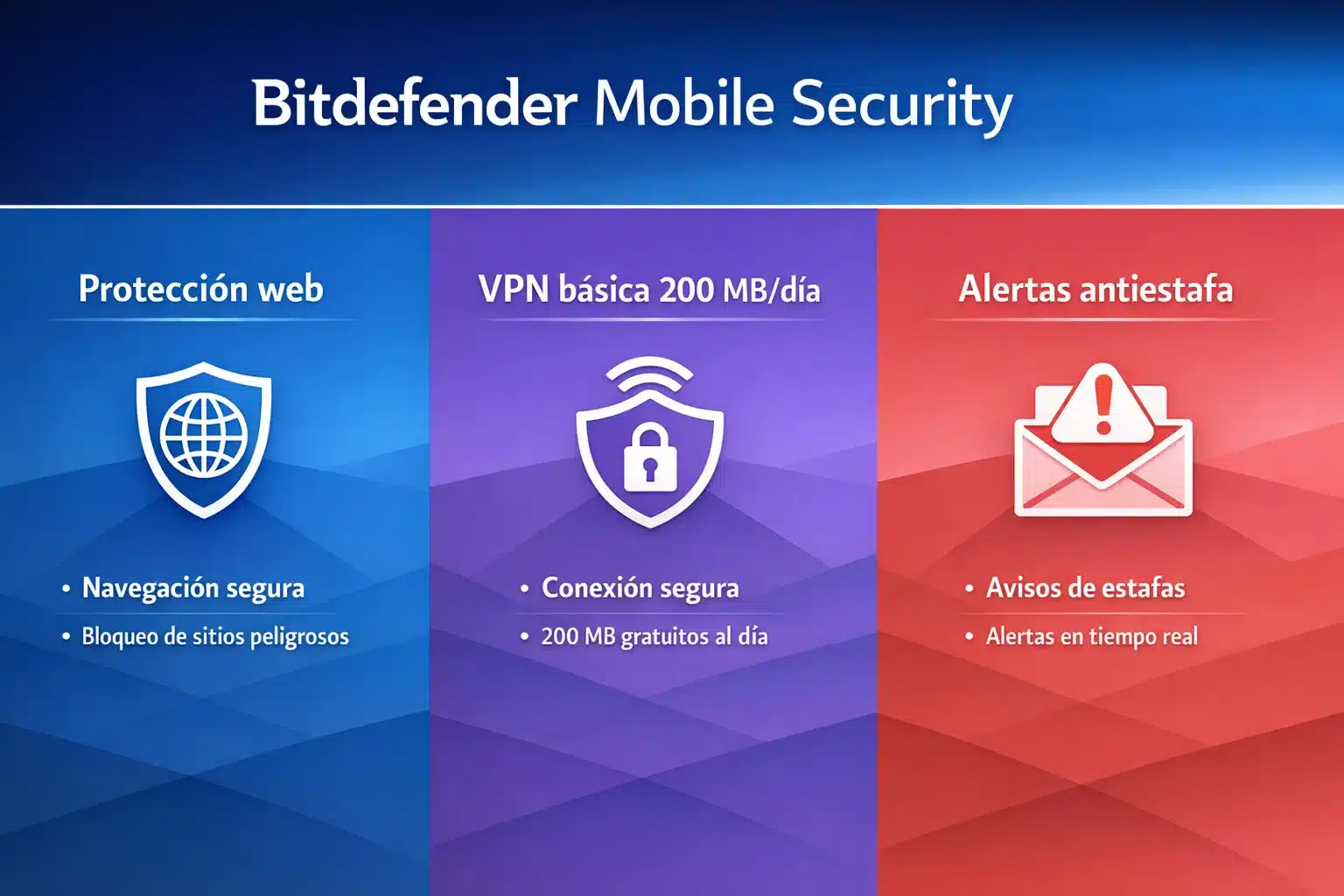 Infografía de Bitdefender Mobile Security con protección web, VPN básica y alertas antiestafa