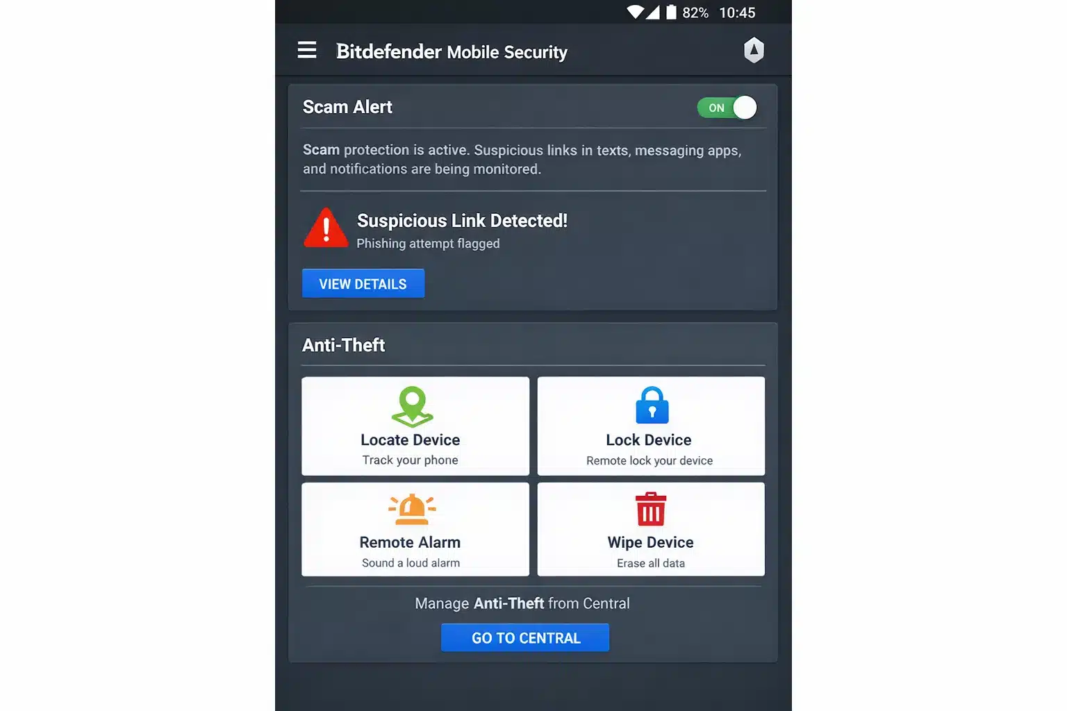 Bitdefender Mobile Security en Android mostrando Scam Alert y herramientas antirrobo