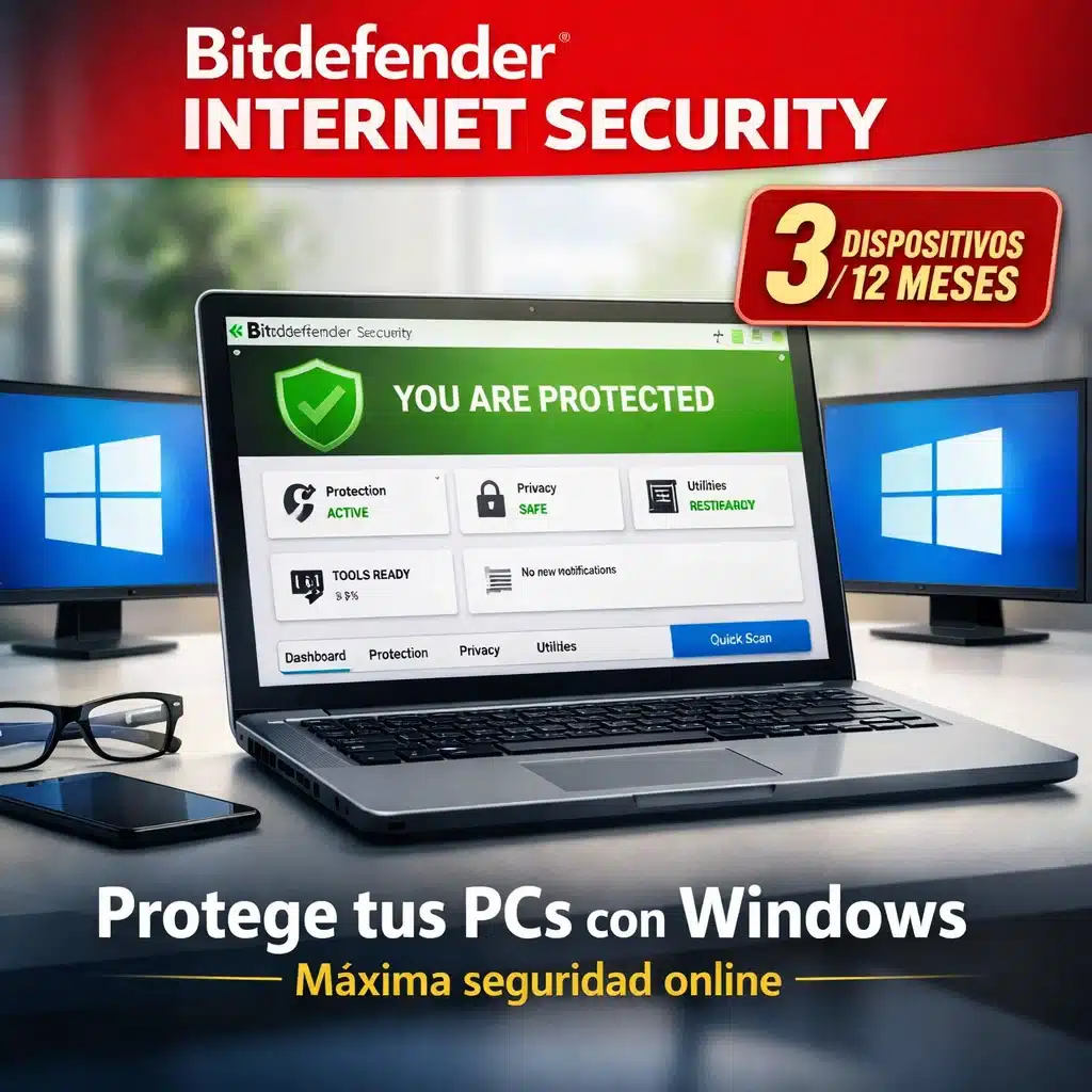 Bitdefender Internet Security protegiendo 3 PCs con Windows con panel de seguridad y estado protegido