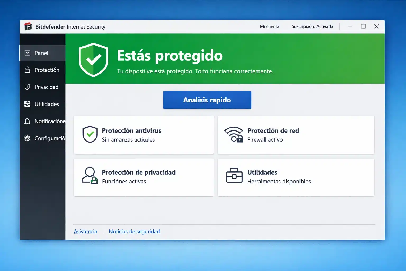 Panel de Bitdefender Internet Security en Windows con estado protegido y opciones de análisis