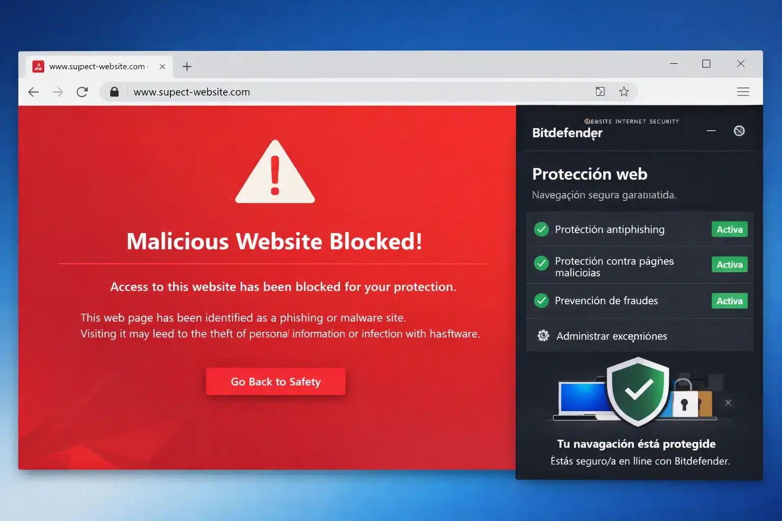 Bitdefender Internet Security mostrando bloqueo de phishing y protección de navegación en Windows