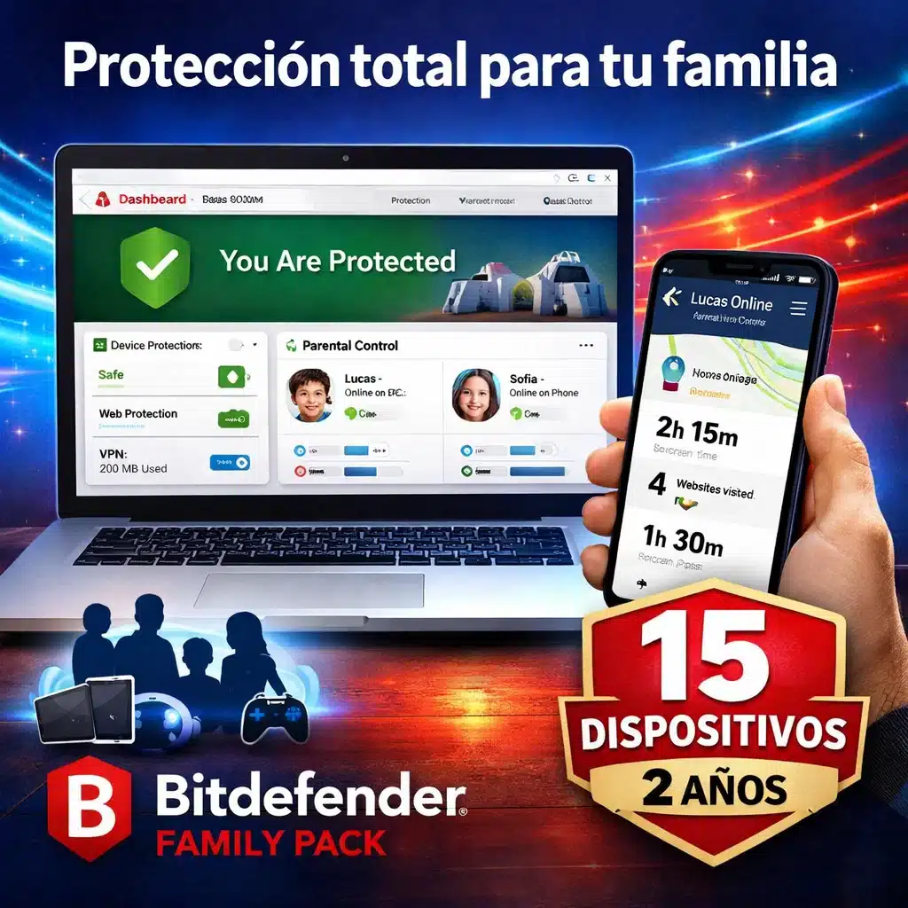 Bitdefender Family Pack protegiendo 15 dispositivos con panel de seguridad y control parental