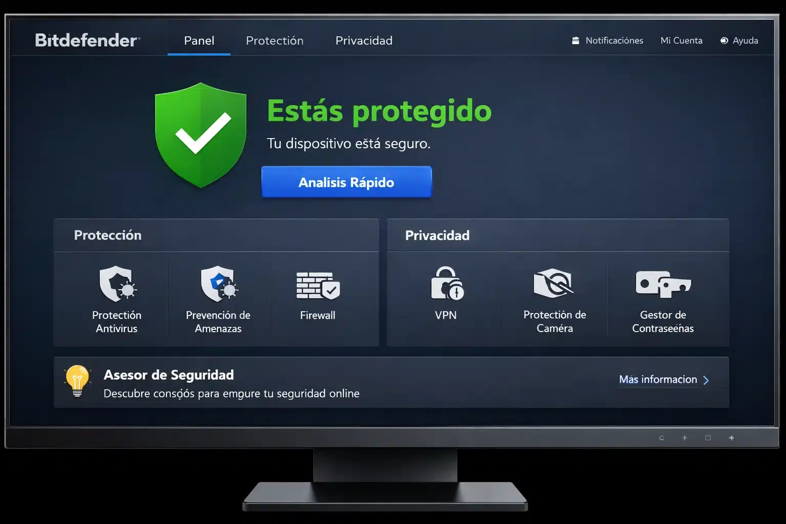 Bitdefender en móvil mostrando protección web y alertas de estafas con estado de seguridad