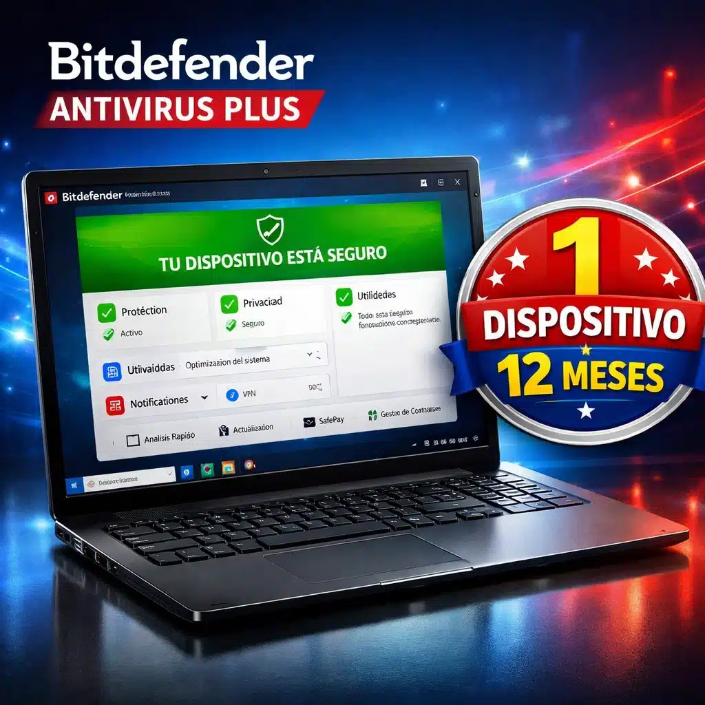 Bitdefender Antivirus Plus en una PC con Windows mostrando panel de protección y estado seguro