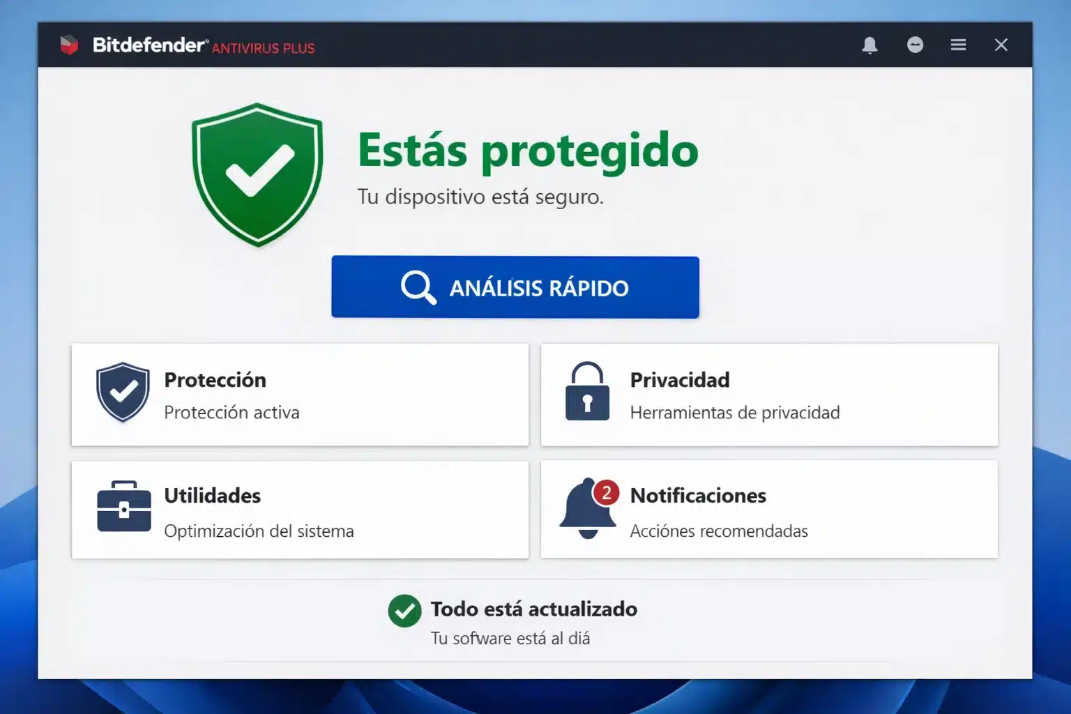 Panel de Bitdefender Antivirus Plus en Windows con estado protegido y opciones de análisis