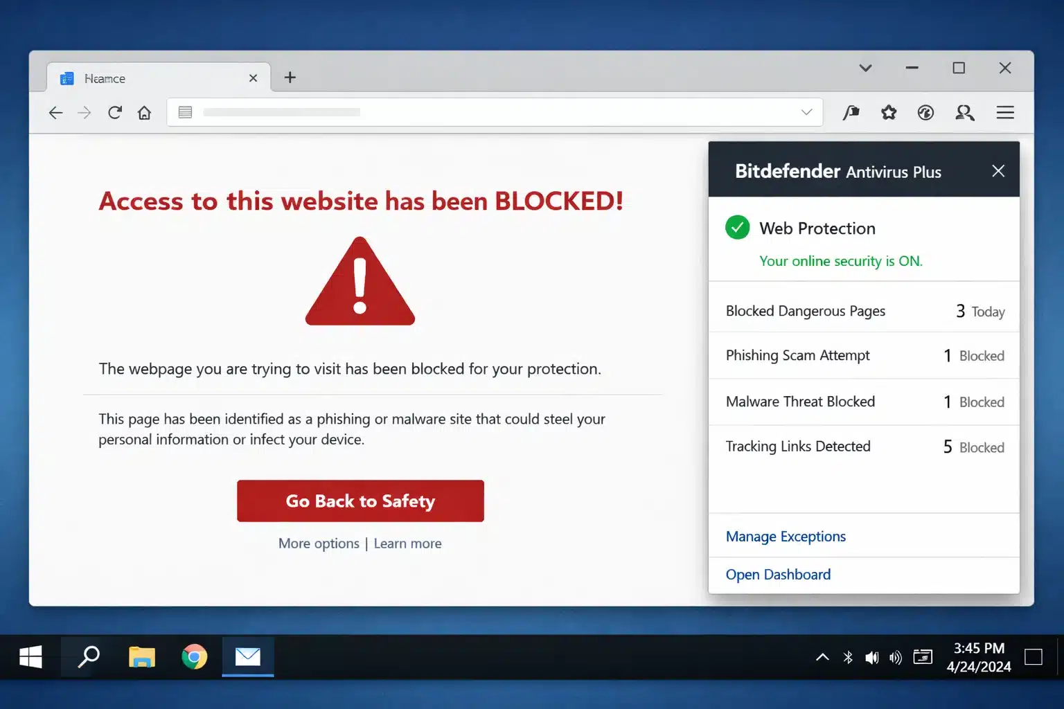 Bitdefender Antivirus Plus mostrando alerta de sitio bloqueado por phishing en Windows