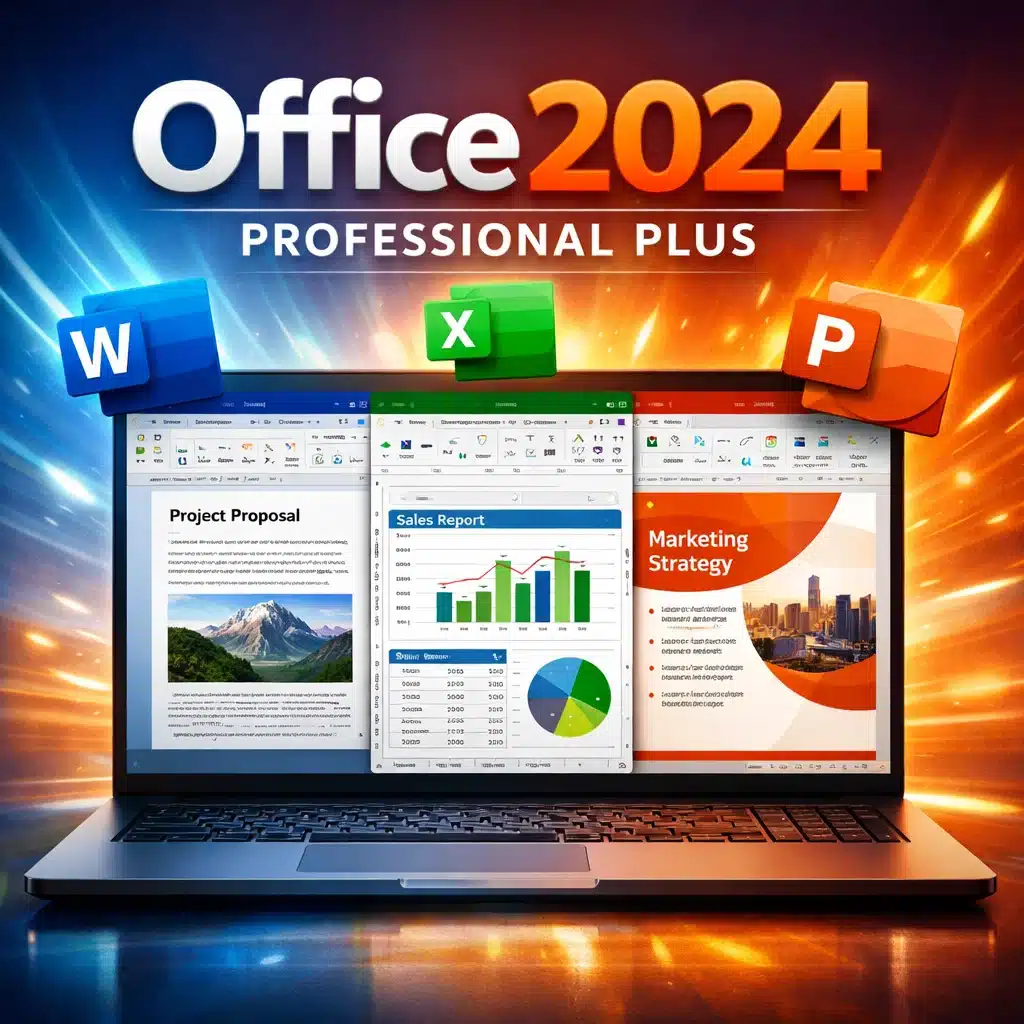 Office 2024 Professional Plus en una PC con apps de Word, Excel y PowerPoint en pantalla