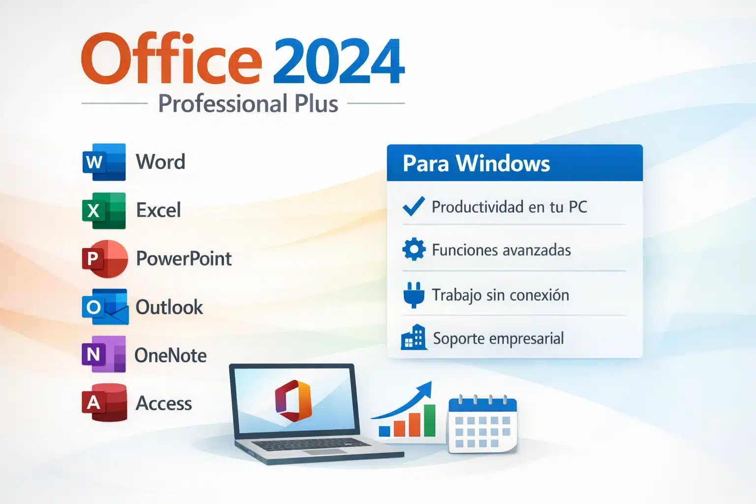 Infografía de Office 2024 Professional Plus con apps incluidas y puntos clave de uso en Windows