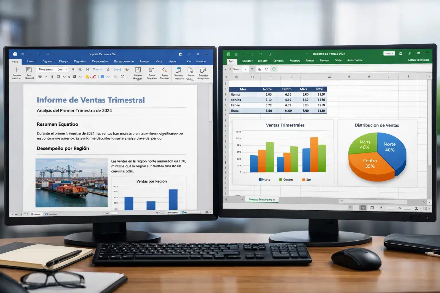 Escena de uso de Word y Excel en Office 2024 Professional Plus con documentos y planillas abiertos