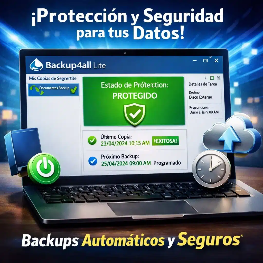 Backup4all Lite en Windows mostrando un trabajo de backup programado y el estado de la última ejecución