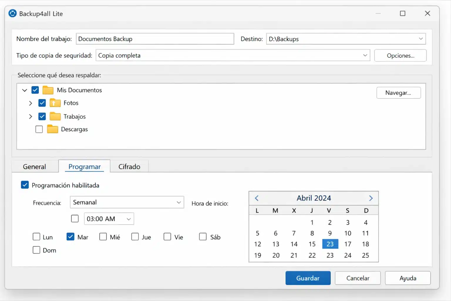 Pantalla de Backup4all Lite en Windows mostrando configuración de un trabajo de backup y su programación