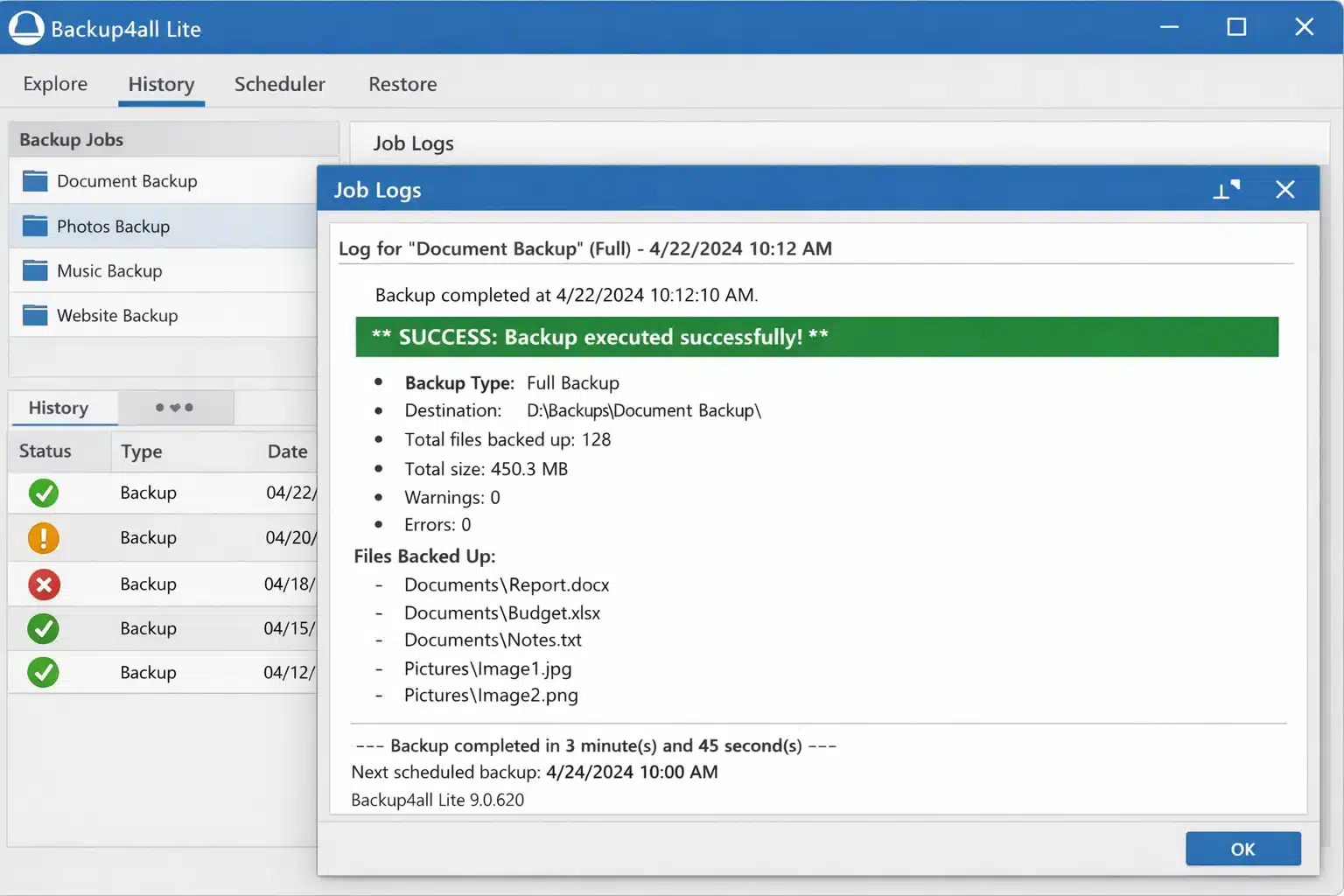 Vista de Backup4all Lite mostrando historial de ejecuciones y un log de respaldo completado