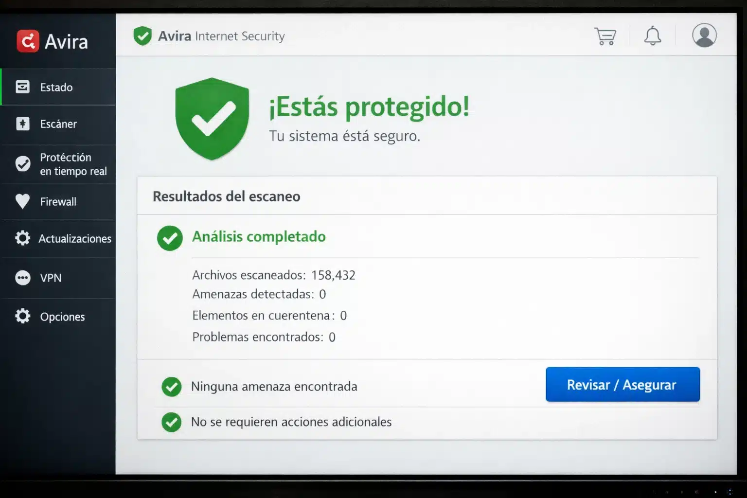 Pantalla de Avira Internet Security mostrando escaneo del sistema y estado protegido