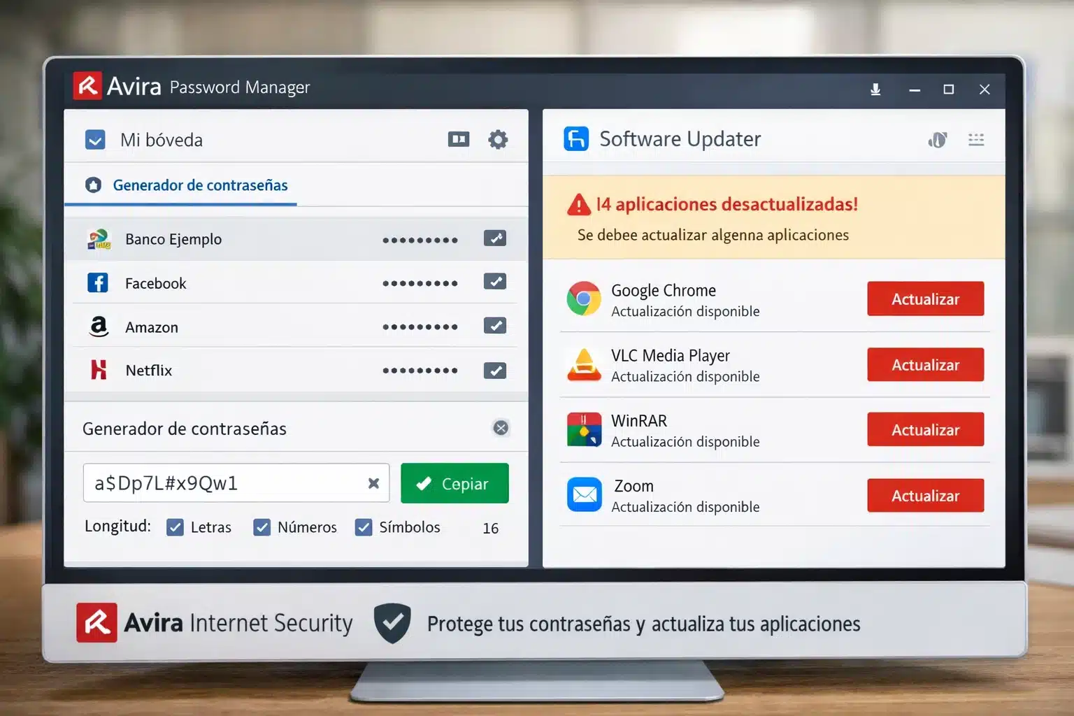Avira Internet Security mostrando Password Manager y alertas de software desactualizado