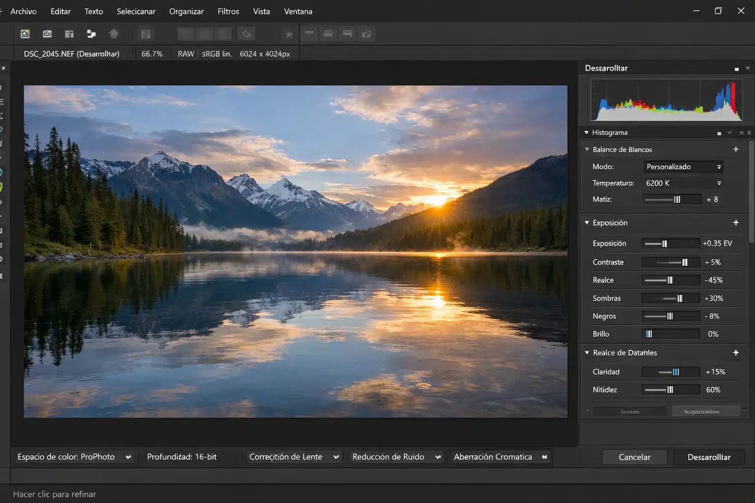Interfaz de Affinity Photo 1.10 en Windows con panel de revelado RAW