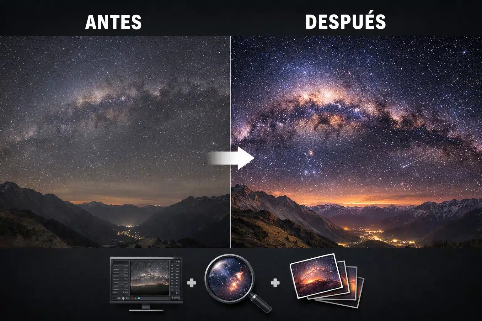 Ejemplo de edición: panorama o astrofotografía con mejoras de rendimiento