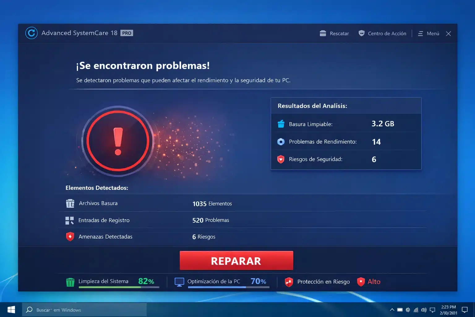 Pantalla de escaneo y optimización en Advanced SystemCare 18 PRO