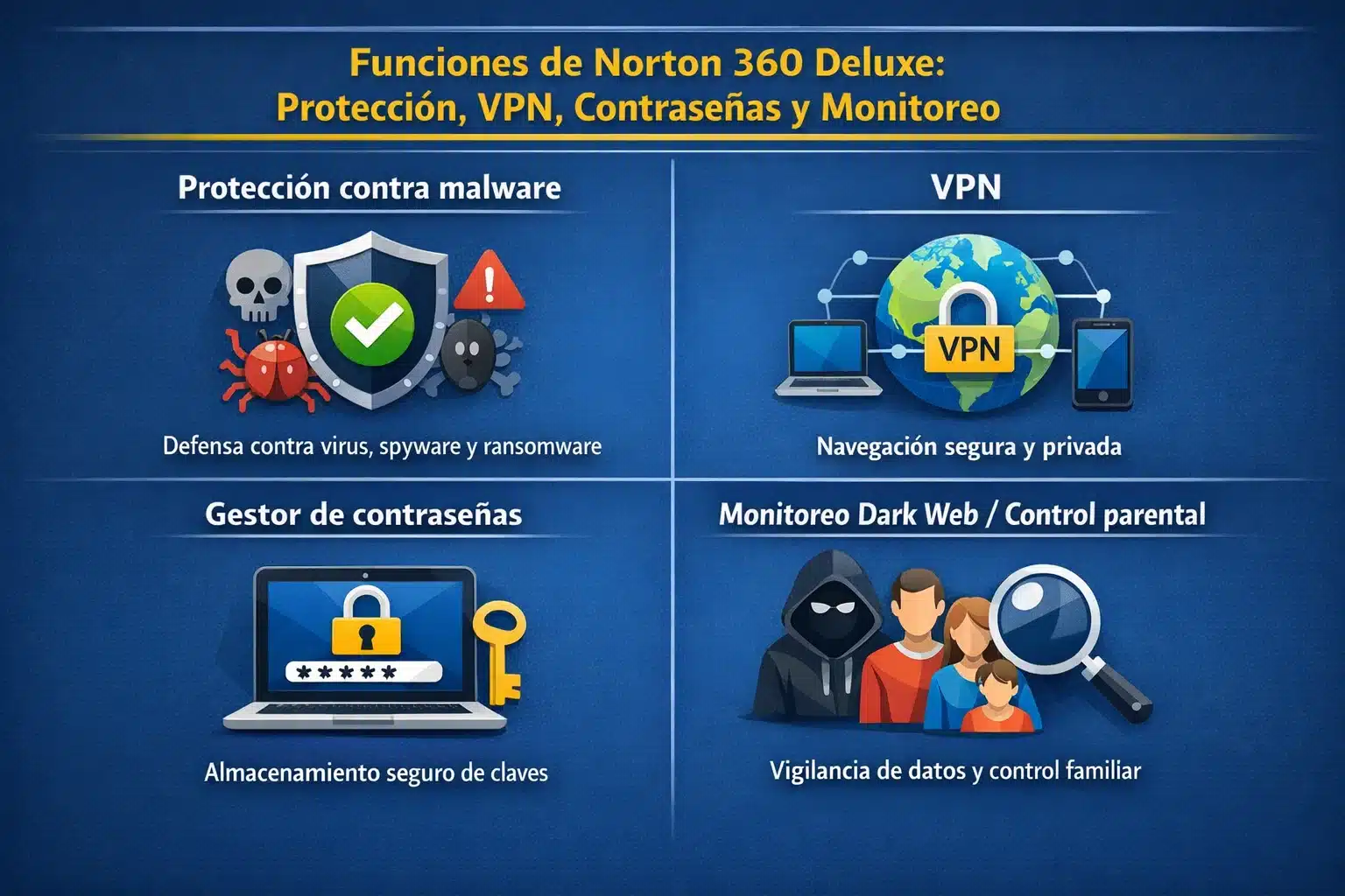 Funciones de Norton 360 Deluxe: protección, VPN, contraseñas y monitoreo