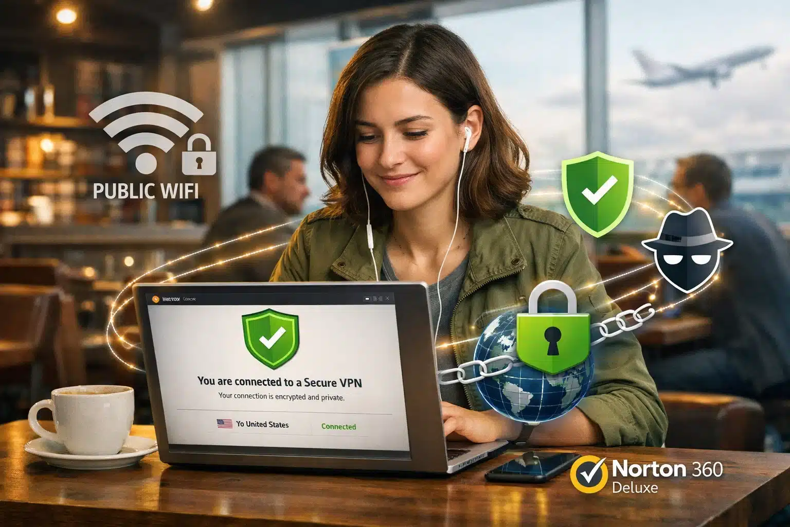 Panel de Norton 360 Deluxe en Windows con estado de seguridad y escaneo