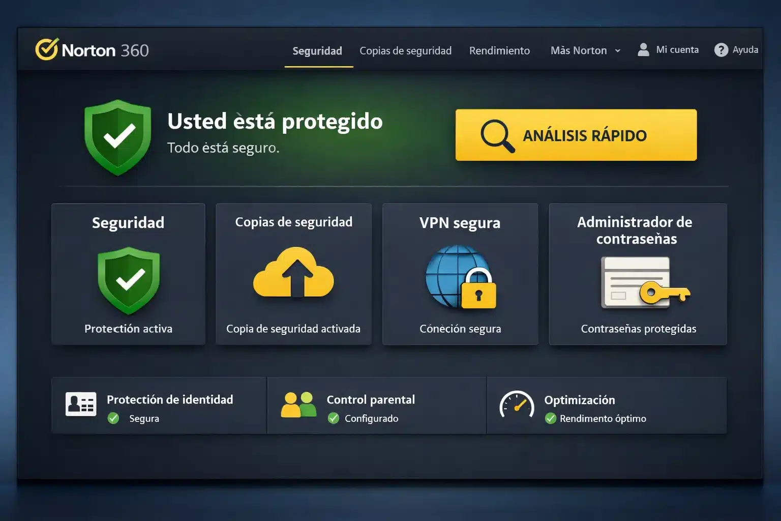 Panel de Norton 360 en Windows con estado de seguridad y escaneo