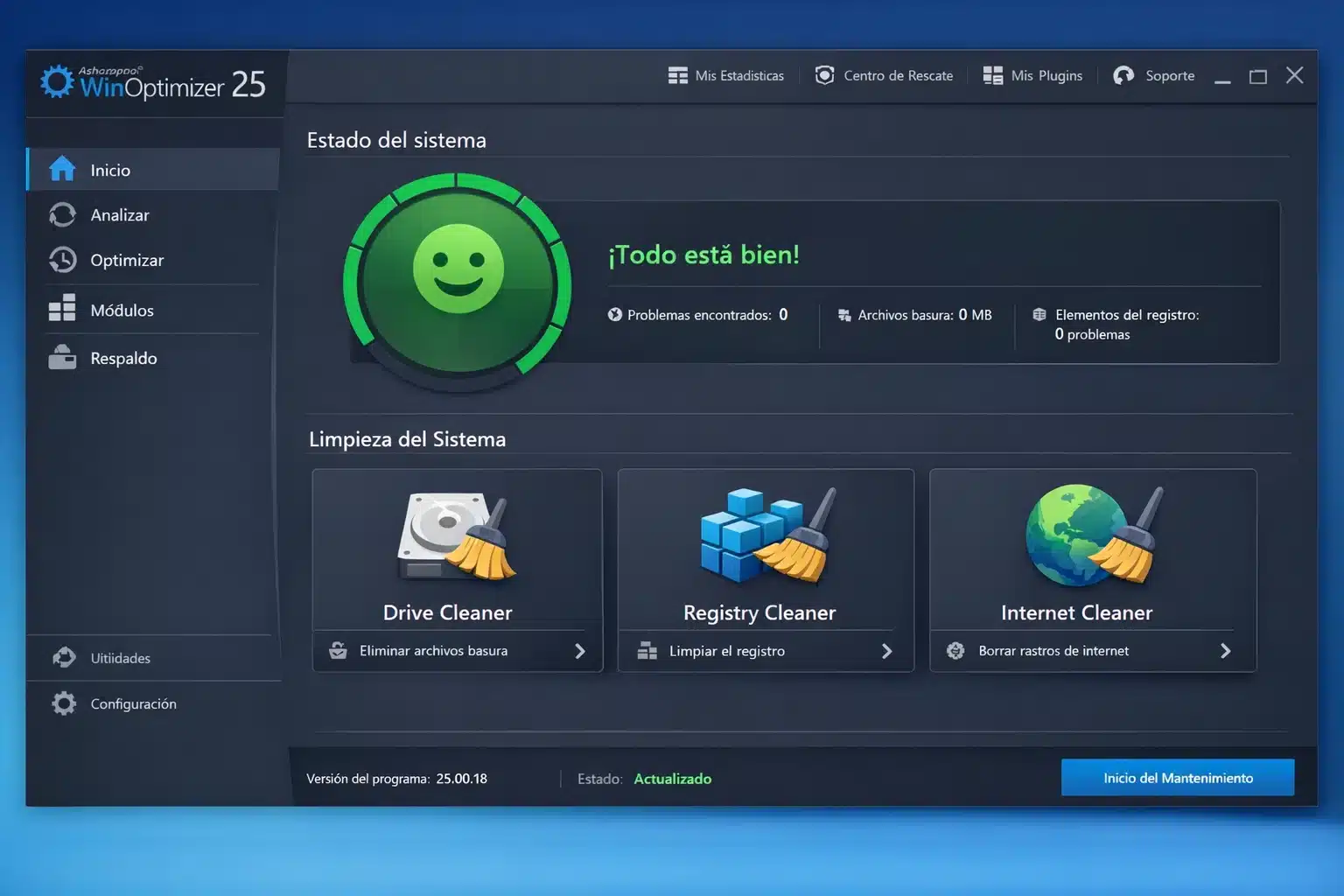 Panel de Ashampoo WinOptimizer 25 mostrando estado del sistema y módulos de limpieza
