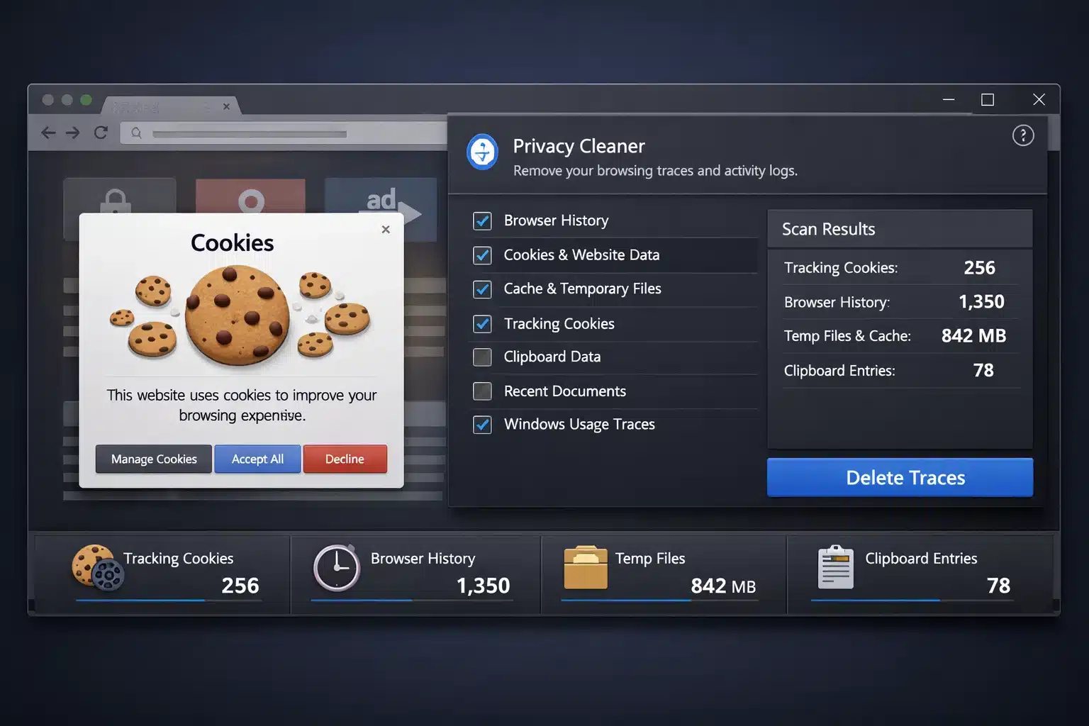 Herramientas de privacidad y administrador de cookies en Ashampoo WinOptimizer 25